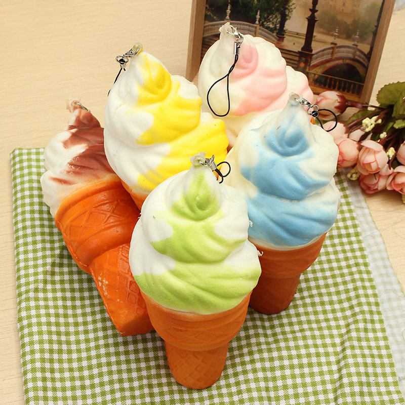 

Squishy Jumbo Ice Cream Cone 17cm Slow Rising Soft Collection Decor Gift Phone Bag Strap, Yellow brown blue green pink