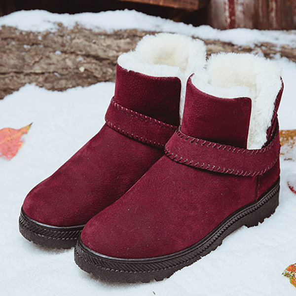 Big Size Strappy Warm Suede Ankle Slip On Fur Lining Flat Snow Boots