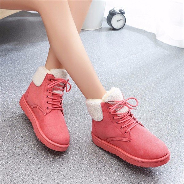 Folded Fur Lining Pure Color Lace Up Ankle Warm Snow Boots 