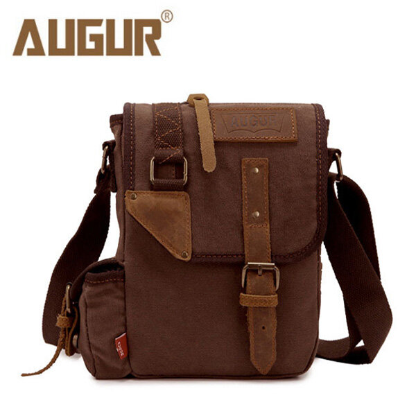 

Augur Men's Vintage Leisure Genuine Leather Canvas Messenger Crossbody bag Shoulder Bag, Khaki coffee