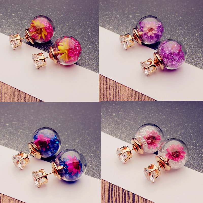 2 Style Wish Ball Earrings Sweet Glass Flower Ball Rhinestone Earrings