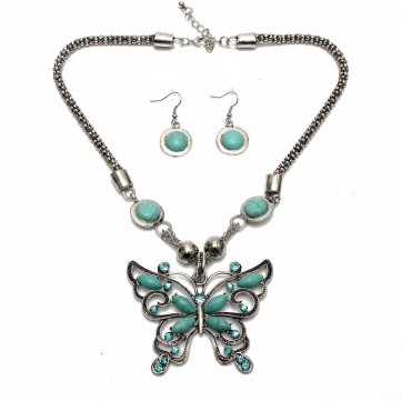 Turquoise Tibetan Silver Butterfly Necklace Earrings Set