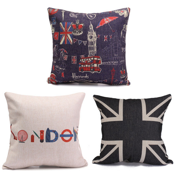 

British Flag Printed Cotten Linen Throw Pillow Case Square Cushion Cover Home Sofa Decor, White