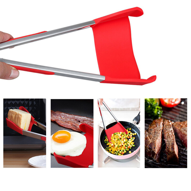 

BBQ 2-In-1 Collapsible Kitchen Spatula And Tongs High Temperature Resistance Silicone Non-Stick Stainless Steel Frame Kitchen Tongs, Red green