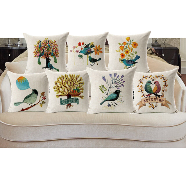 

45x45cm Home Decoration Flower and Bird 7 Optional Patterns Cotton Linen Pillowcases Sofa Cushion Cover, White