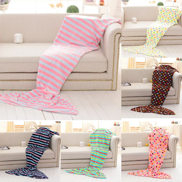 

180cm Flannel Wave Point Stripe Mermaid Tail Blanket Home Office Crylic Warm Soft Sleep Bag, Pink green blue yellow pink dot pattern coffee dot pattern
