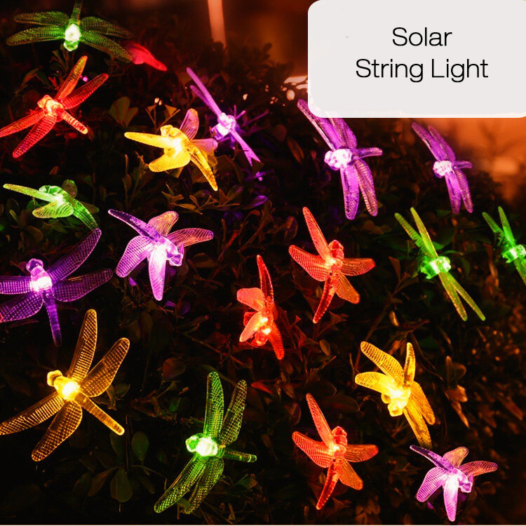 

20 LED Dragonfly Colorful String Lights Solar Powered Night Light Garden Home Decor, Blue multi color white warm white
