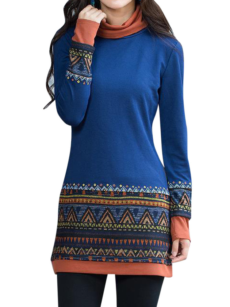 

Women Folk Style Printed Long Sleeve Patchwork Turtleneck T-shirts, Blue