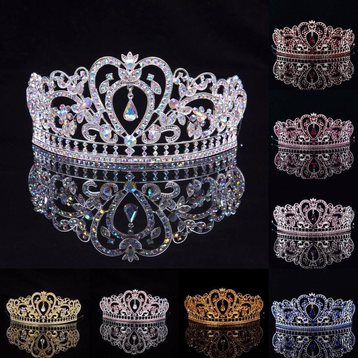 

Bride Rhinestone Crystal Wedding Tiara Crown Prom Pageant Princess Crowns Bridal Veil Headband, White pink red