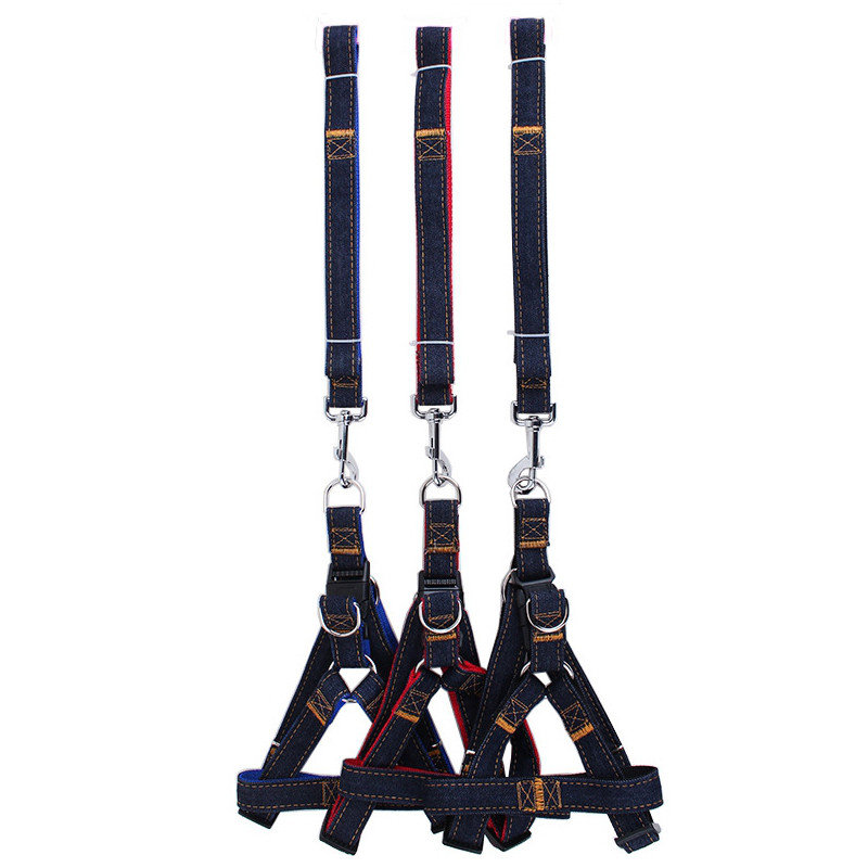

3 Colors Jean Denim Leash Harness Dog Collar Chain Cat Rope, Blue red black