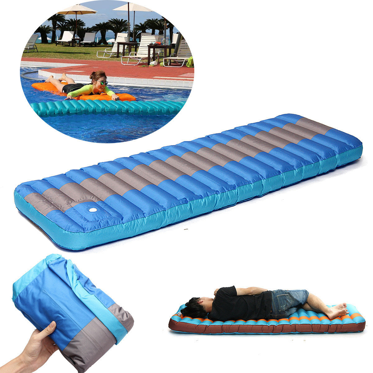 

183CM Portable Beach Pool Floating Bed Inflatable Travel Sleeping Mat Foldable Moisture-Proof Pad, Navy orange blue