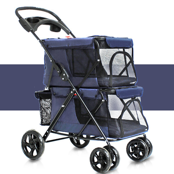 

Pet Stroller 4 Wheel Folding Cat Dog Breathable Pet Cart, Coffee dark blue pink