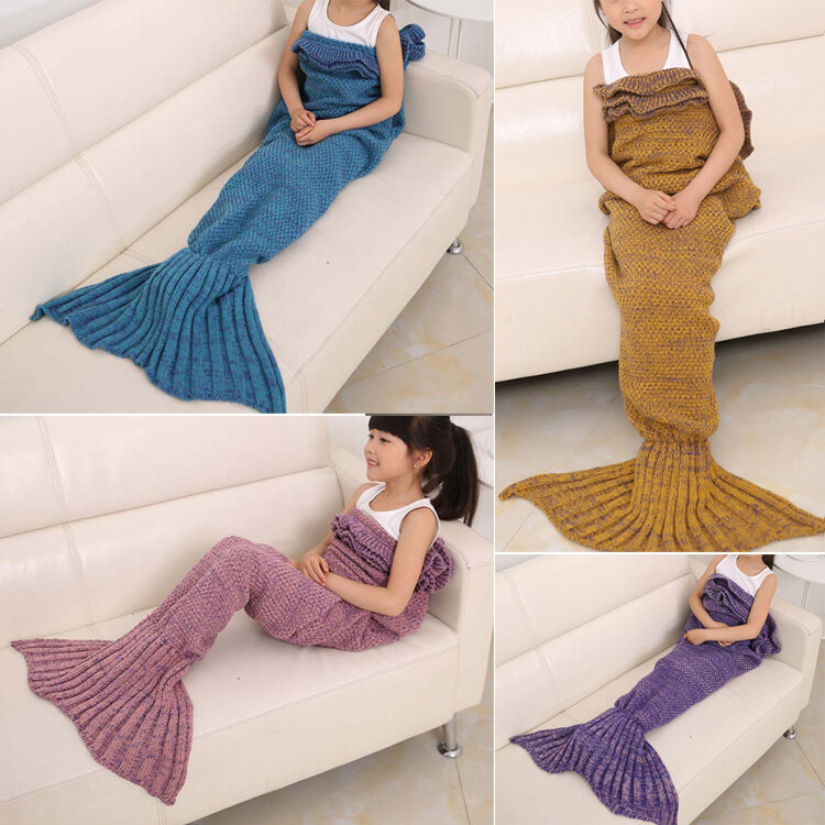 

70x140cm Child Yarn Knitted Mermaid Tail Blanket Handmade Crochet Throw Super Soft Sofa Bed Mat, Blue purple pink yellow