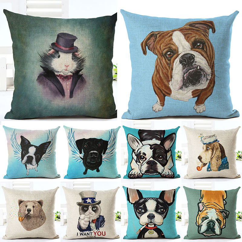 

45x45cm Home Decoration Cartoon Cat Dog Animals Design 10 Optional Patterns Cotton Linen Pillowcases Sofa Cushion Cover, White