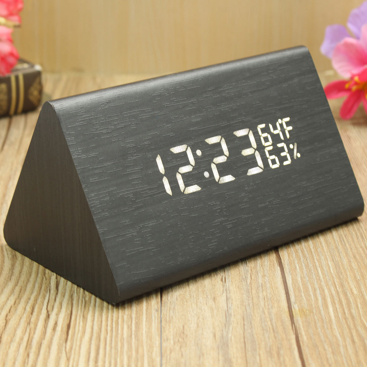 

USB Voice Control Wooden Alarm Clock, Black wooden