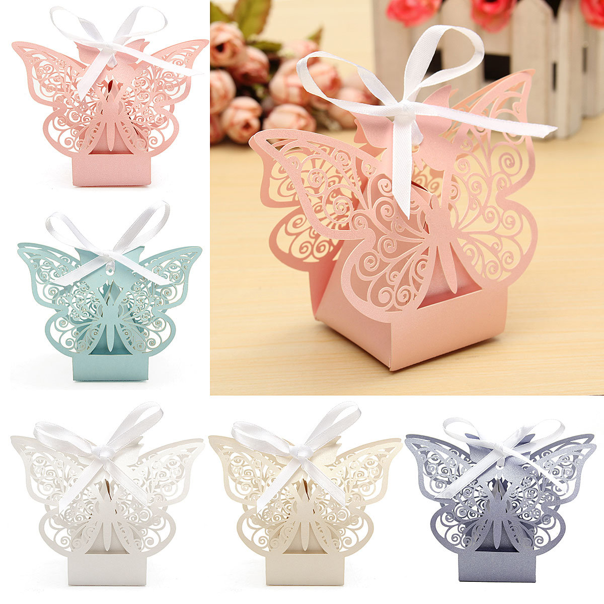 

10 Pcs Butterfly Lace Hollow Out Paper Candy Boxes Wedding Favors Sweets Bags Table Decoration, White pink light purple ivory blue