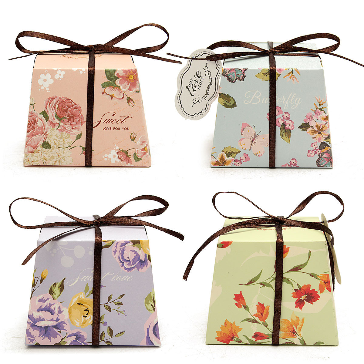 

10Pcs Floral Printed Ribbon Card Candy Box Birthday Gift Boxes Wedding Favors Party Supplies, Pink purple blue green
