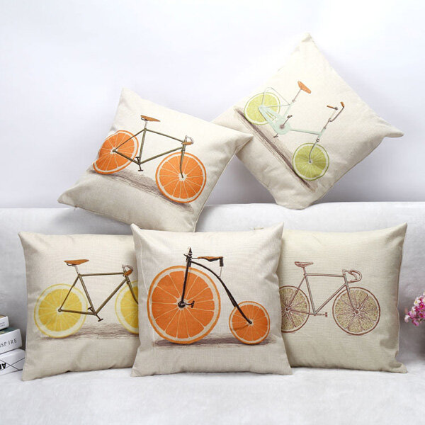 

Lemon Orange Grapefruit Bicycle Throw Pillow Case Cotton Linen Sofa Cushion Cover, White