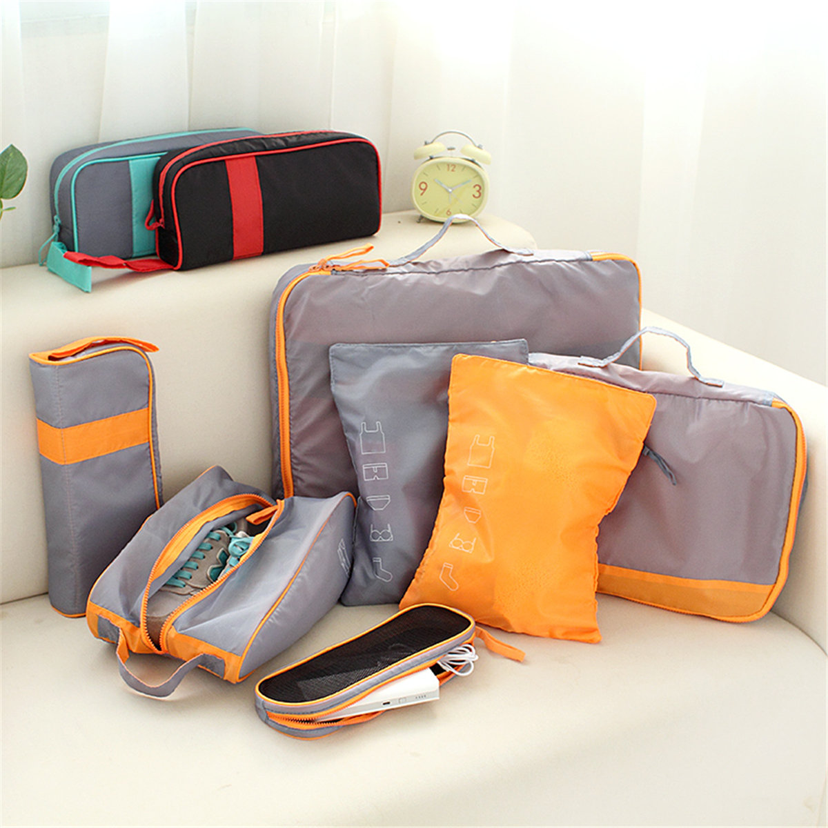 

7Pcs Set Packing Cubes Travel Luggage Organizer, Gray blue black red gray/orange