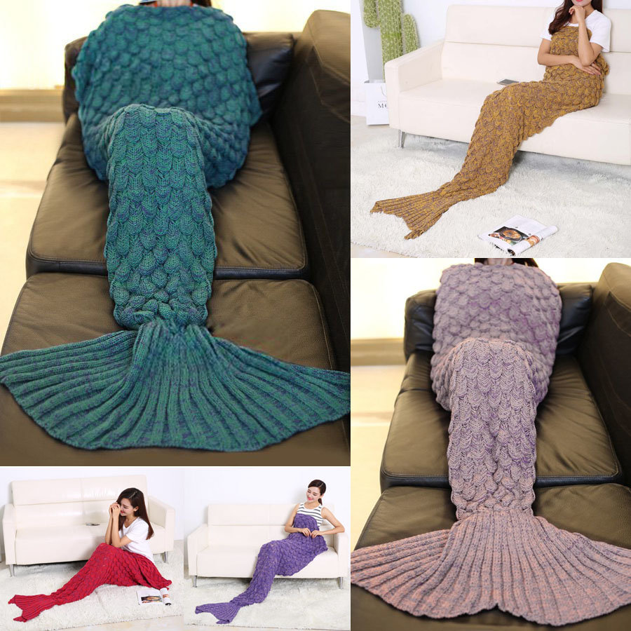 

195x90cm Yarn Knitted Mermaid Tail Blanket Handmade Crochet Throw Super Soft Sofa Bed Mat, Blue khaki pink yellow dark blue red purple