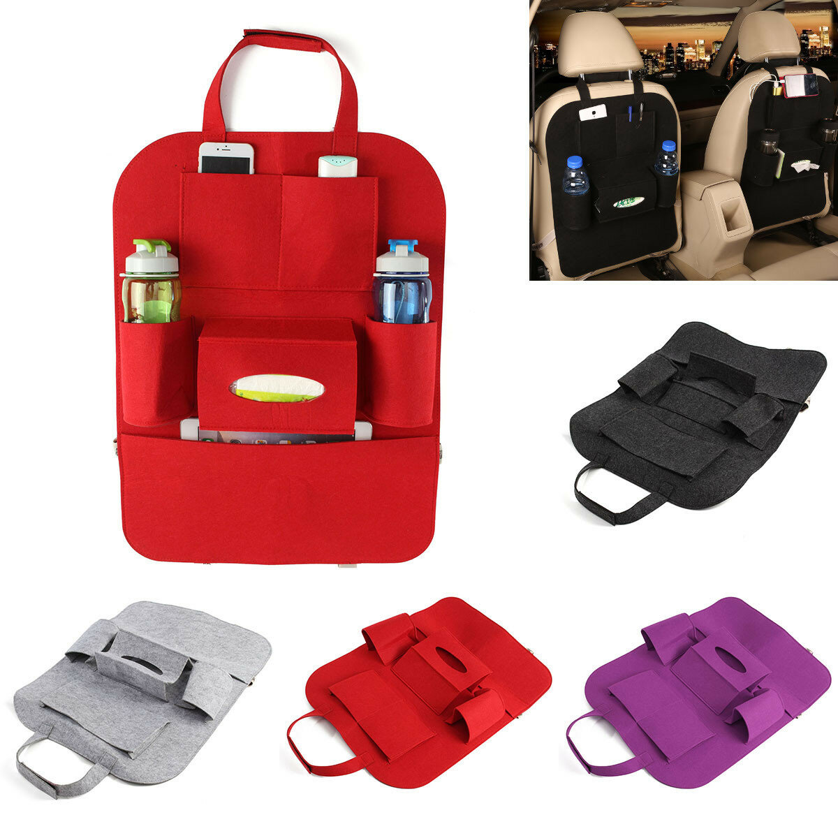 

55x41cm Felt Stowing Tidying Multi Pocket Organiser Car Styling Back Seat Storage Bag, Purple gray dark gray red black