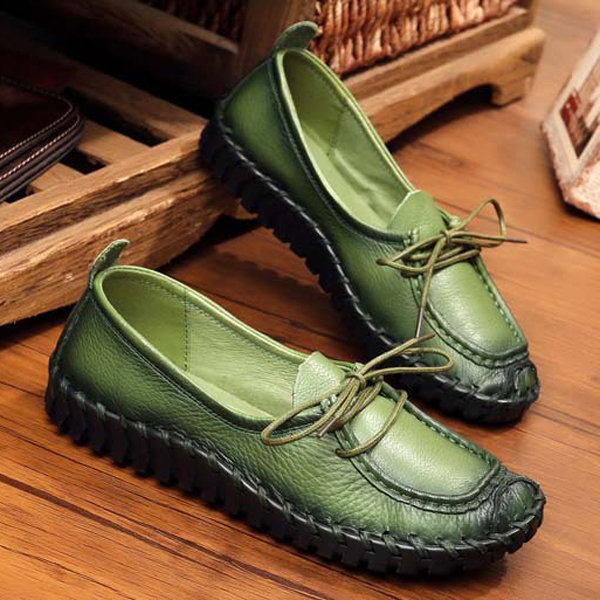 

Socofy Stitching Color Blocking Casual Soft Leather Retro Comfy Flat Loafers, Green black blue red