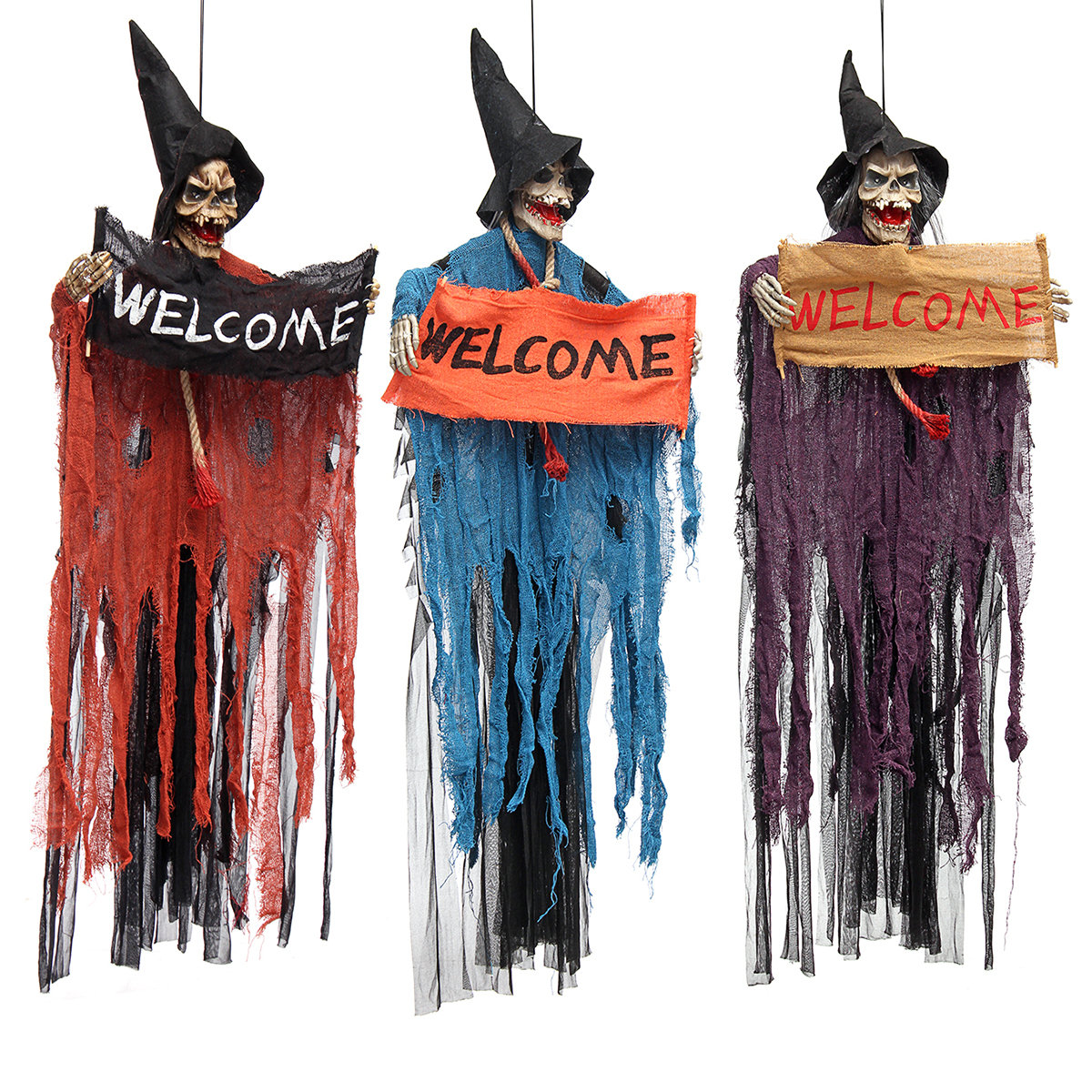 

Scary Welcome Sign Hanging Skeleton, Gray blue red