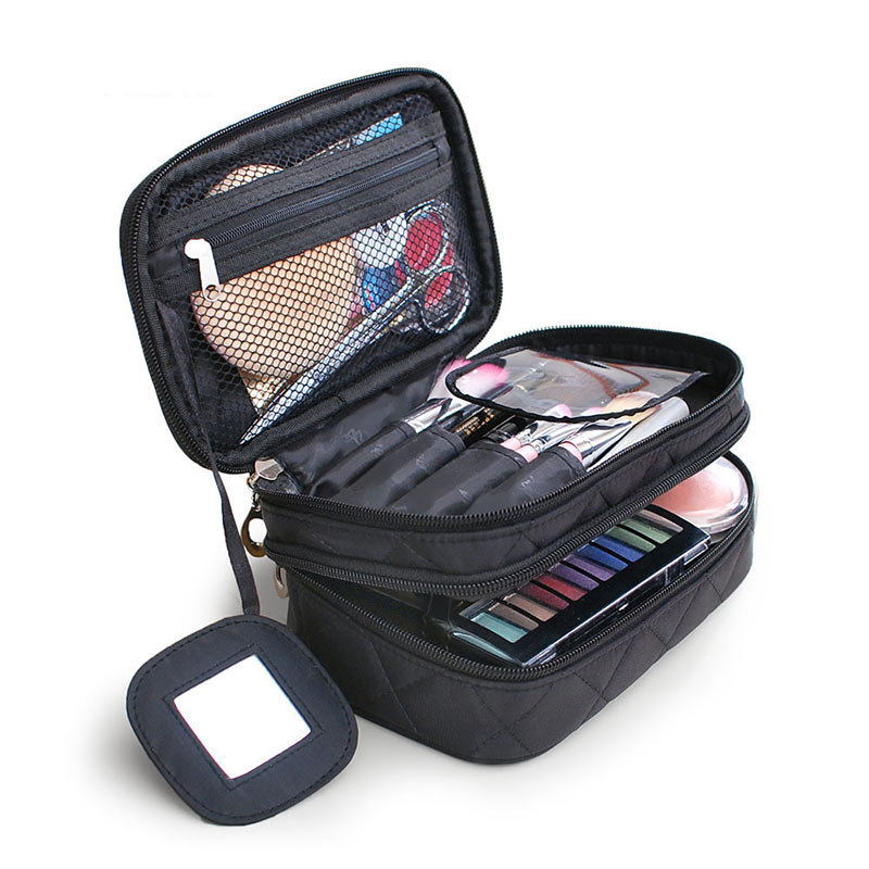 

Honana HN-B63 Large Double Layers Travel Cosmetic Bag Portable Makeup Organizer Toiletry Storage Bag, Red black pink