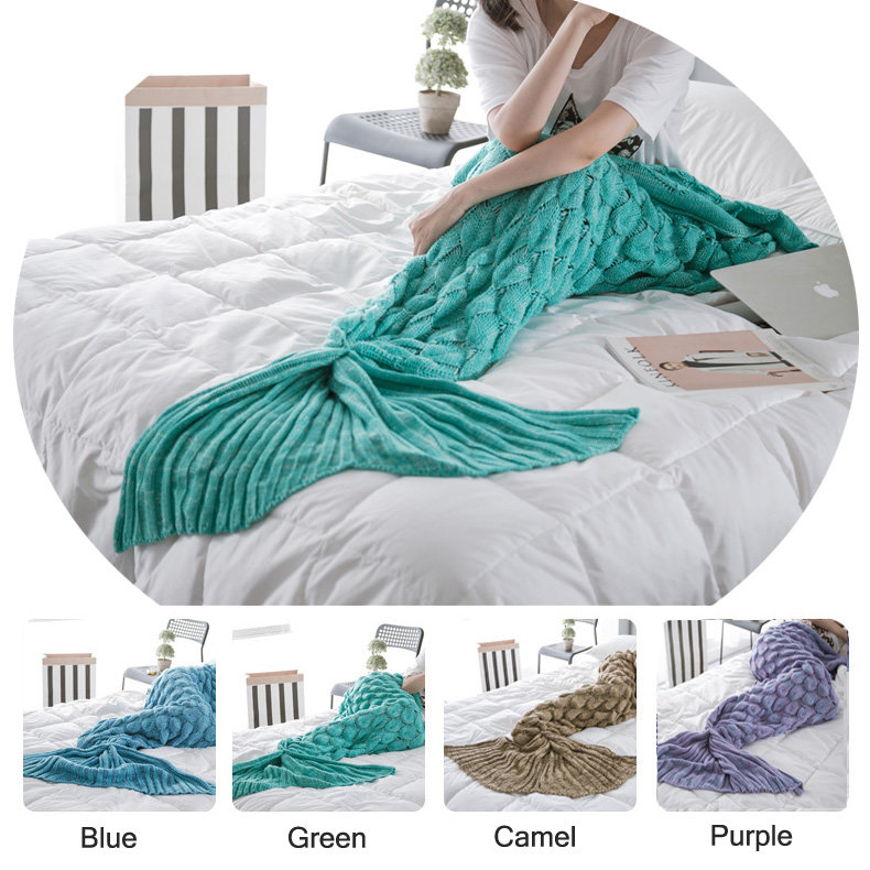 

90x190cm Yarn Knitting Mermaid Tail Blanket Fish Scales Style Warm Super Soft Sleep Bag Bed Mat, Blue coffee purple green