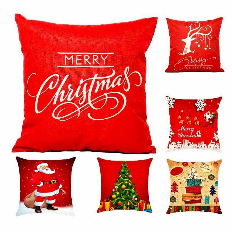 

Hot Christmas Decorations For Home Reindeer Jute Pillow Cover Case Merry Christmas Square Linen Pillowcase, White