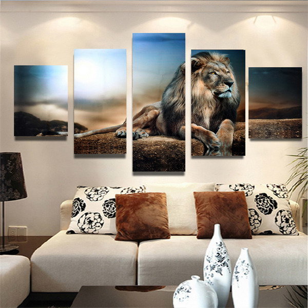 

5PCS Frameless Canvas Sitting Lion Wall Art Print Painting Home Decor