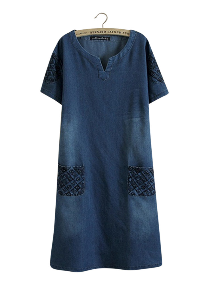 Casual Women Embroidery Short Sleeve V-Neck Denim Dress Online - NewChic