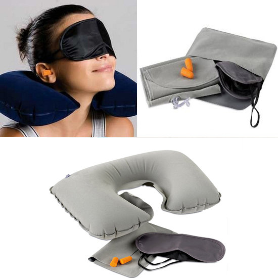 

Car Travel Inflatable Neck Rest Cushion U Pillow Eye Mask Earplugs With Storage Bag, Dark blue navy blue rose red grey