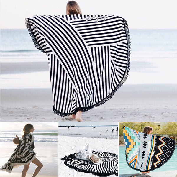 

150x150cm Bohemian Style Thin Tassel Beach Towel Round Silk Scarf Bed Sheet Tapestry, White