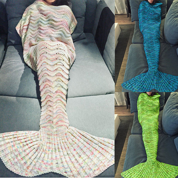

180*90CM Wave Yarn Knitting Mermaid Tail Blanket Birthday gift Blanket Bed Mat Sleep Bag, Blue green white