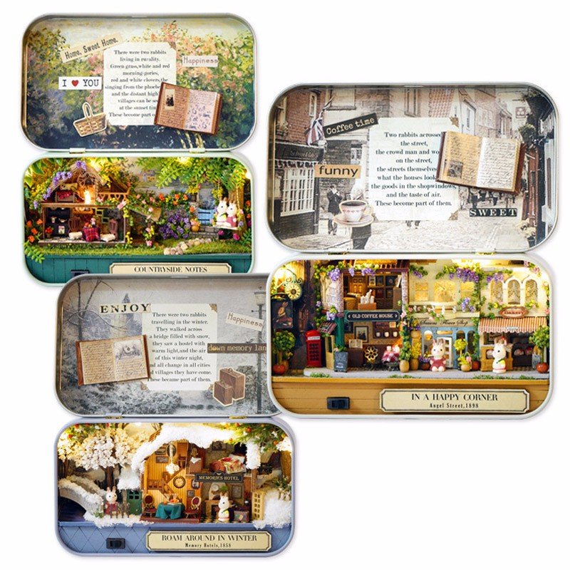 

DIY Handwork Assembly Retro Tin Box Cute Room Old Time Cottage With LED Home Decor Gift, White