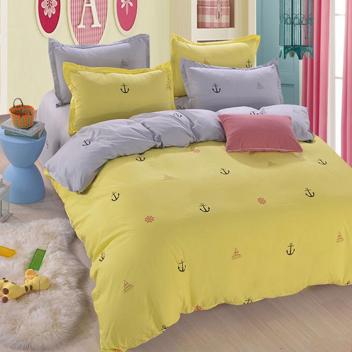 

3 or 4pcs Suit Yellow and Grey Sailing Diary Reactive Dyeing Polyester Fiber Bedding Sets 3 Size