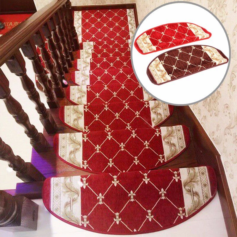 

European Style Pastoral Carpet Stair Tread Anti-skid Step Rugs Stair Mats With Magic Paste, Red