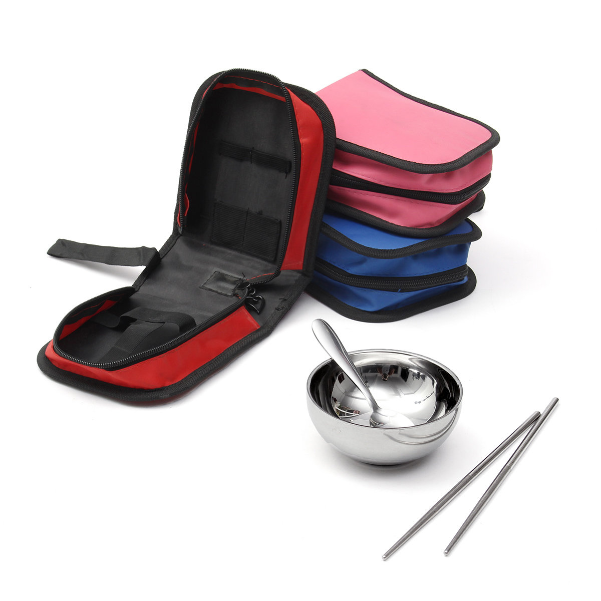 

IPRee™ Outdoor 3 Pcs Sets Portable Stainless Steel Bowl Chopsticks Spoon Storage Bag Travel Picnic Cooking, Pink red blue