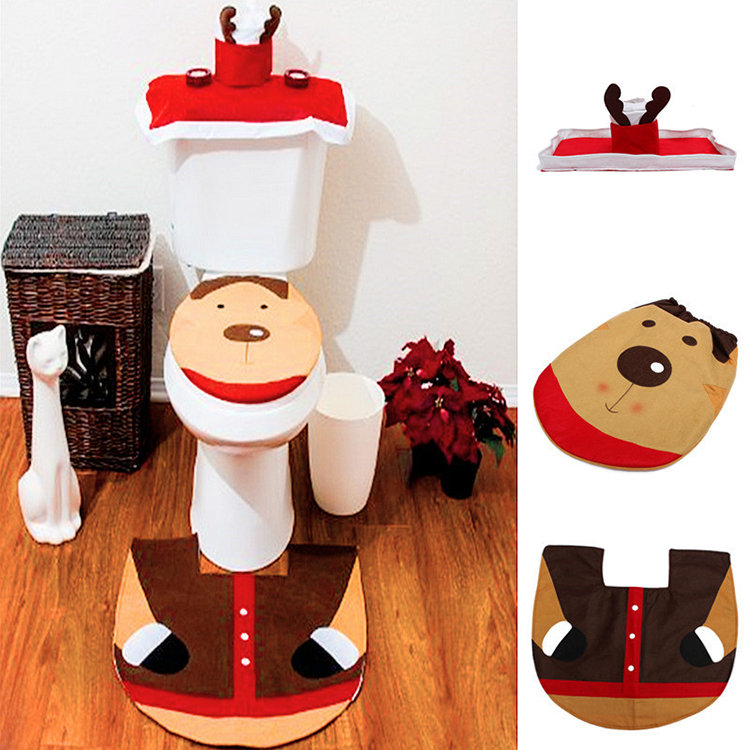 

Christmas Reindeer Toilet Seat Cover Happy Santa Closestool Decorations Rug Set