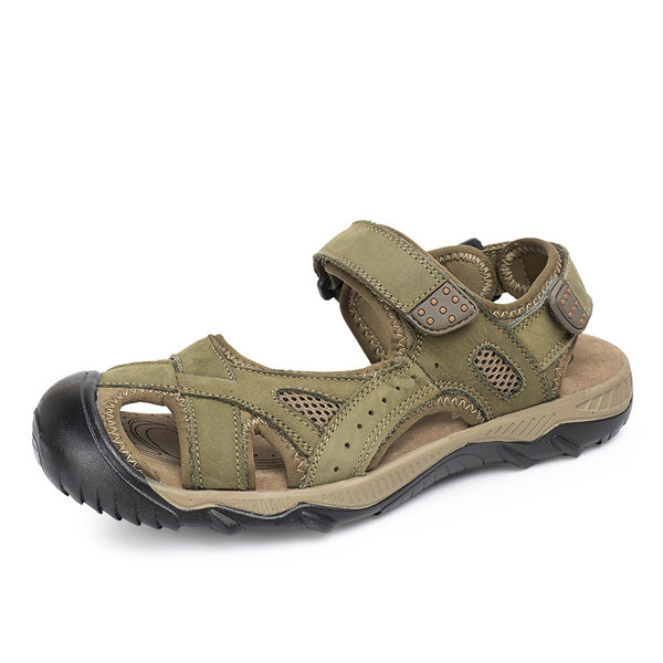 

Men Leather Toe Protecting Hollow Out Hook Loop Outdoor Sandals, Army green khaki brown