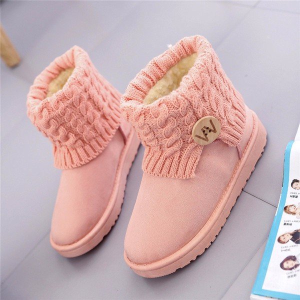 

Suede Button Knitting Weave Slip On Ankle Fur Lining Warm Boots, Black white coffee pink
