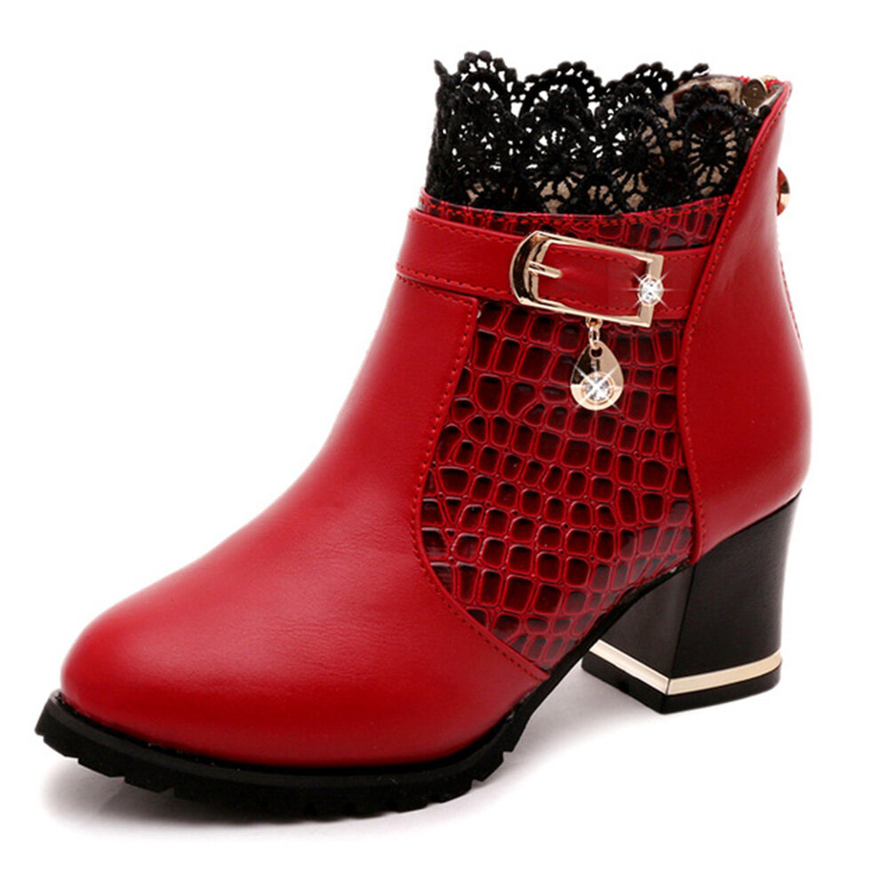 

Veins Leather Lacework Chunky Heel Boots