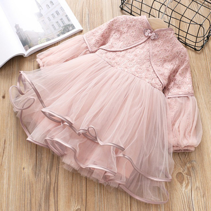 

Chinese Retro Girls Dress For 3Y-11Y, White pink