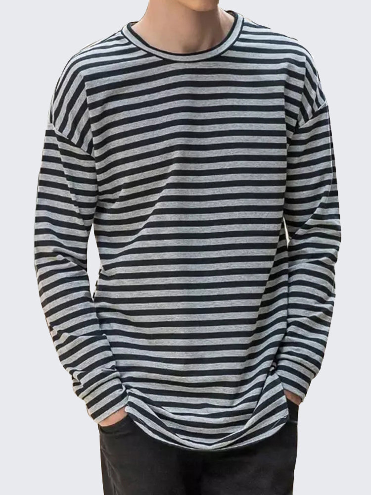 

Stripes Printing Long Sleeve Loose T Shirt, Black gray