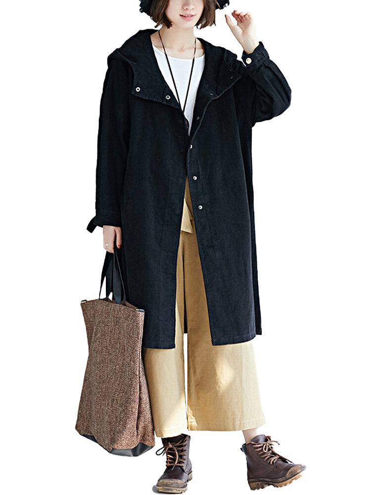 

Hooded Long Corduroy Coat, As picture