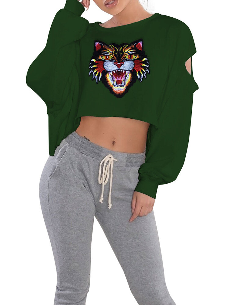 

Casual Sexy Women Lion Print Cropped Sweatshirts, Black white deep blue army yellow wine red grey