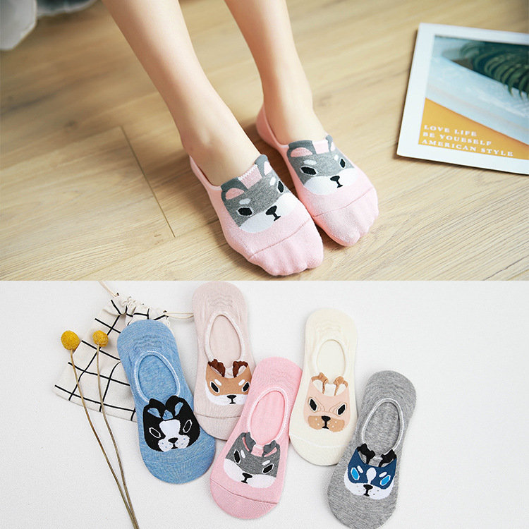 

Women Cotton Cartoon Dogs Antiskid Invisible Boat Sock Casual Summer Thin Breathable Ankle Socks, Khaki pink white light grey