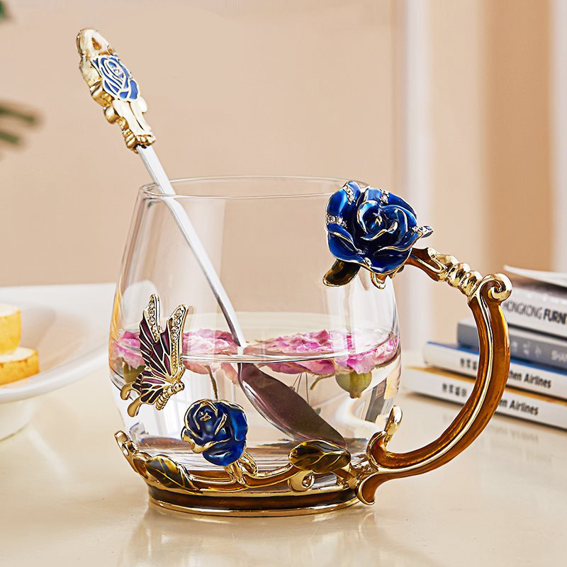 

Enamel Glass Rose Flower Tea Cup, White