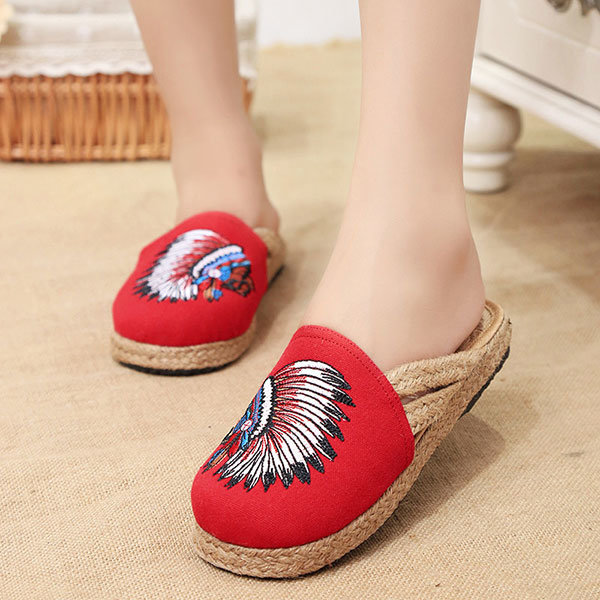 

Embroidered Open Heel flax National Wind Slip On Slippers, Red white blue